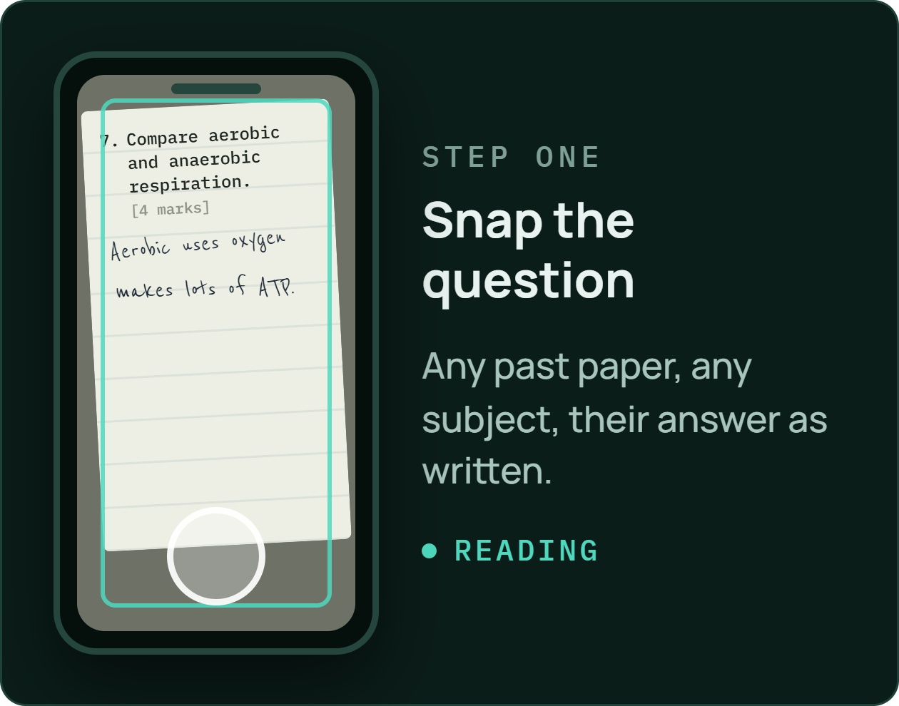 Step one: snap the question. Any past paper, any subject, your answer as written.